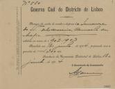 Recibo emitido pela Secretaria da Comissão Distrital de Lisboa, assinado pelo secretário da Comissão, Manuel Lourenço, no valor de 1$300 réis, relativo ao processo da conta de receita e despesa da Irmandade do Santíssimo Sacramento da Carvoeira, concelho de Mafra, referente ao ano de 1902 a 1903.