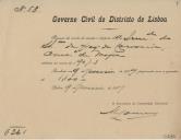 Recibo emitido pela Secretaria da Comissão Distrital do Governo Civil de Lisboa, assinado pelo secretário da Comissão, Manuel Lourenço, no valor de 1$100 réis, relativo ao processo da conta de receita e despesa da Irmandade do Santíssimo Sacramento da Freguesia da Carvoeira, concelho de Mafra, referente ao ano de 1907 a 1908.