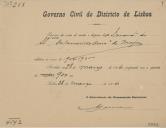 Recibo emitido pela Secretaria da Comissão Distrital do Governo Civil de Lisboa, assinado pelo secretário da Comissão, Manuel Lourenço, no valor de $900 réis, relativo ao processo da conta de receita e despesa da Irmandade do Santíssimo Sacramento da Carvoeira, concelho de Mafra, referente ao ano de 1904 a 1905.