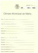 OP 362/1960 -Gregório dos Reis - Meia Laranja-Cheleiros-Mafra - Construção de moradia
Licença de construção n.º 1472/1960
Prorrogação da licença n.º 1472/1960 por mais 180 dias
Atribuída a licença n.º 303/1960
Licença de habitação n.º 1277/1961
