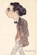 Caricatura colorida de um senhor com óculos a andar com as mãos nos bolsos - Ericeira 