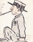 Caricatura colorida de um senhor com chapéu e a fumar sentado apoiado com as as mãos no chão - Ericeira 