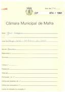 OP 874/1961 José Gregório- Valduge - Santo Estêvão das Galés - pedindo informação se pode construir num terreno que possui licença de construção nº 76/1962 