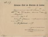 Recibo emitido pela Secretaria da Comissão Distrital de Lisboa relativo ao processo da conta de receita e despesa da Irmandade do Santíssimo Sacramento do Gradil, concelho de Mafra, relativo ao ano de 1907 e 1908.